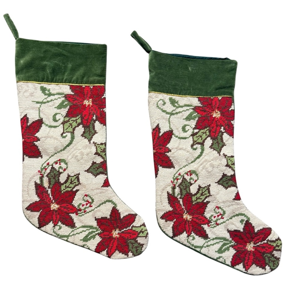 Set Of 2 Wool Needlepoint Poinsettia Christmas Stockings Velvet North Pole